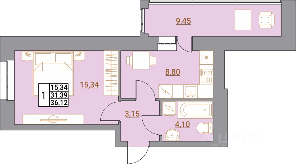 1-комн.кв., 34,9 м², 3/10 этаж