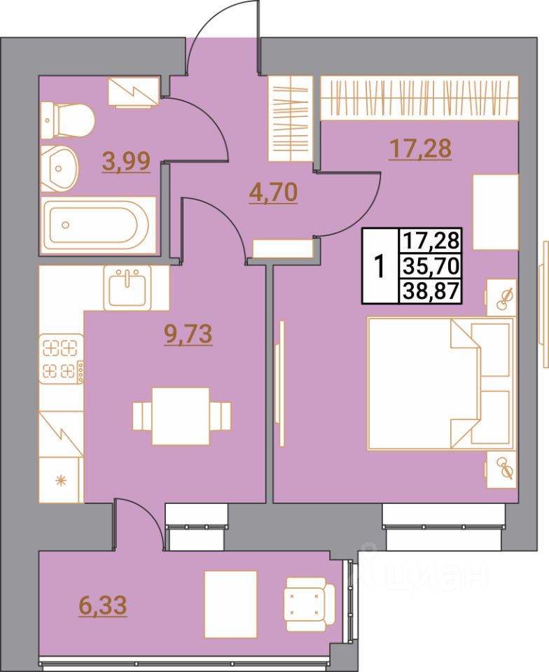 1-комн.кв., 38 м², 9/10 этаж