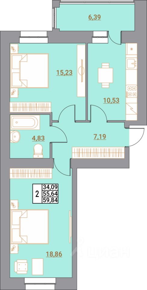 2-комн.кв., 59 м², 6/10 этаж