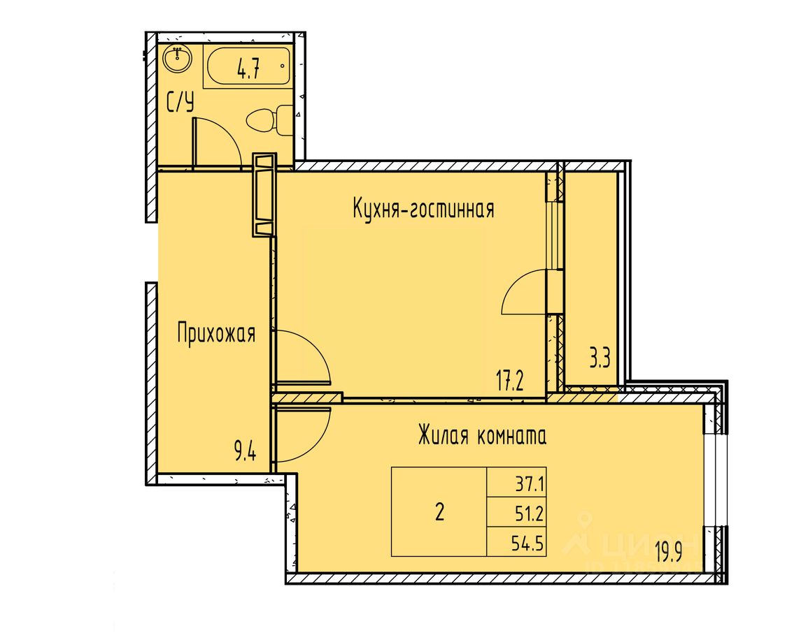 2-комн.кв., 52,7 м², 6/15 этаж