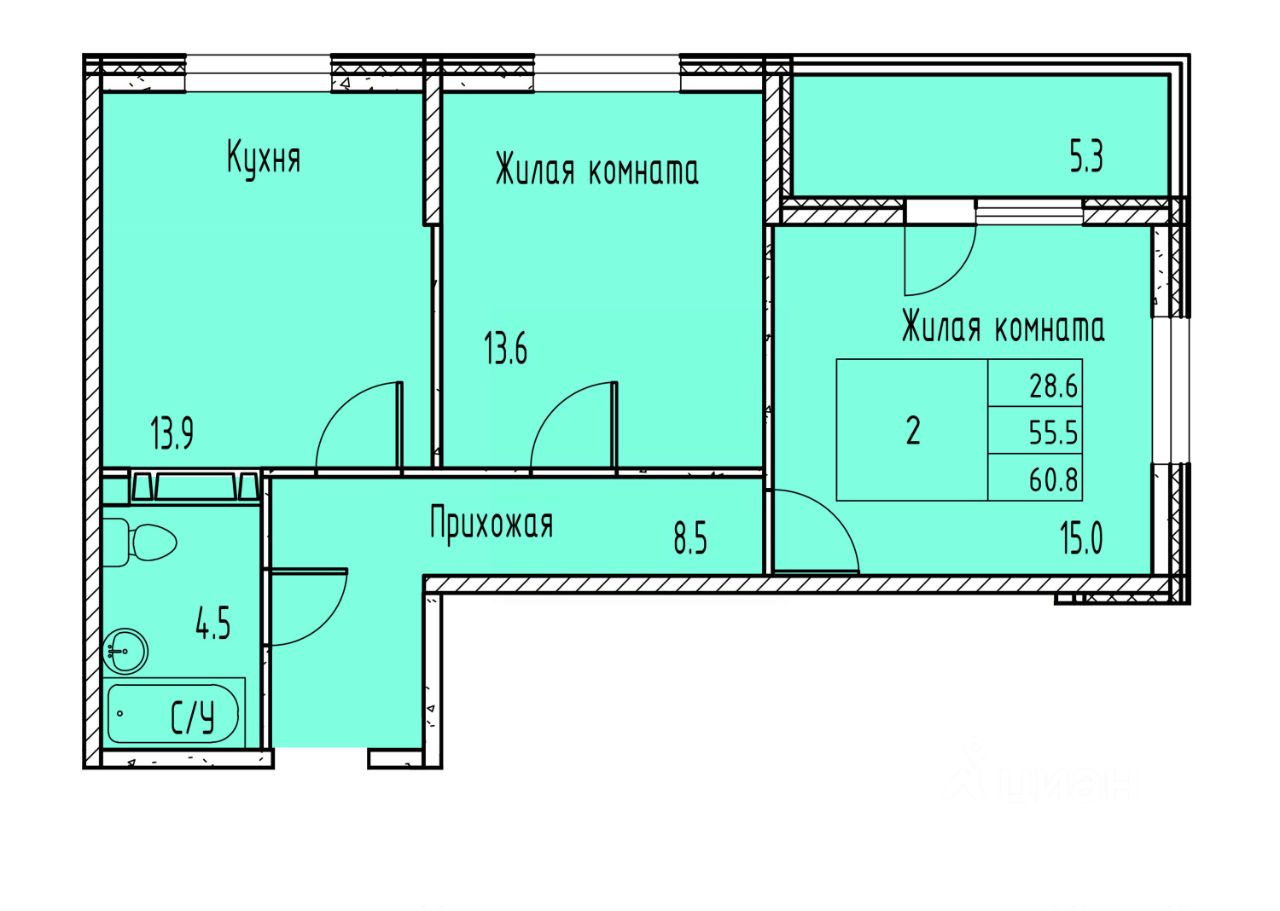 2-комн.кв., 58 м², 13/15 этаж