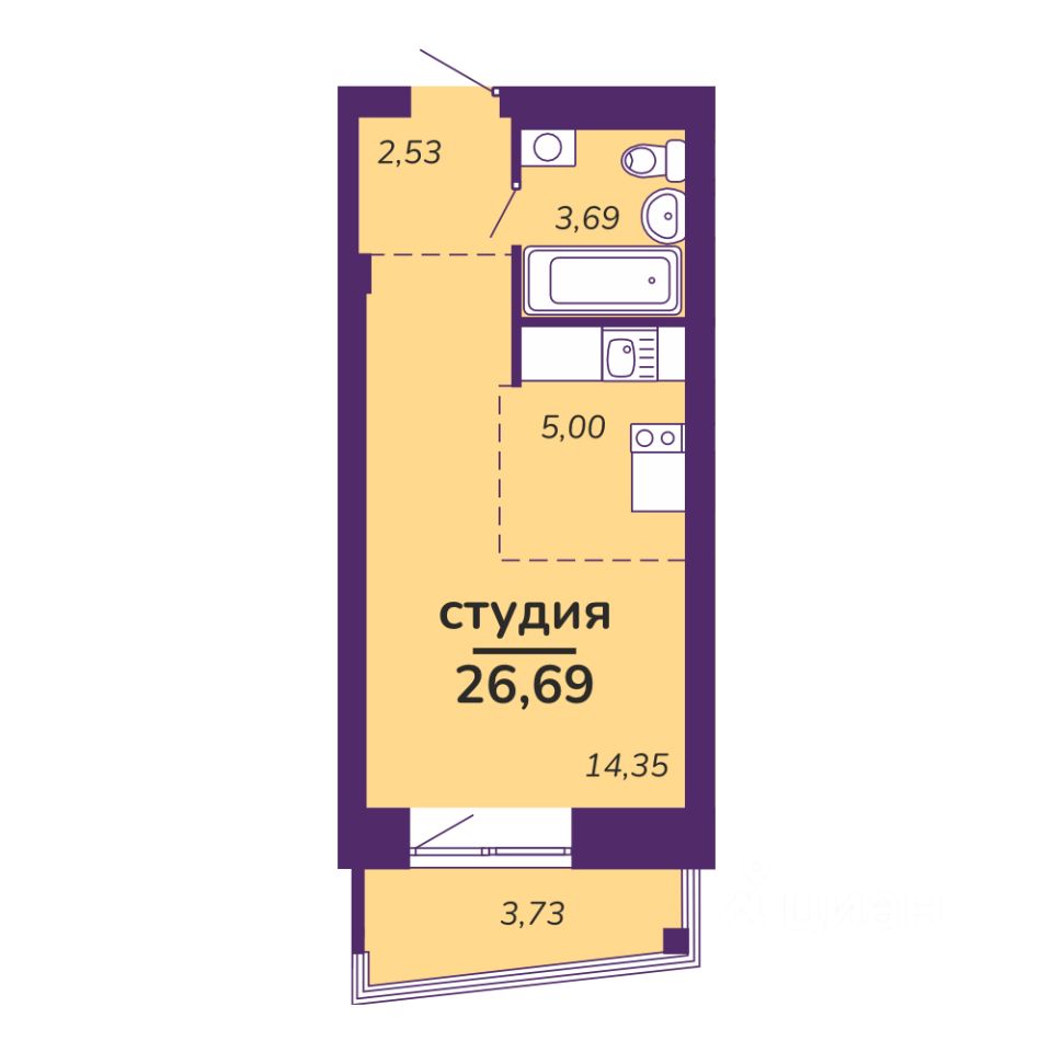 Студия, 26,7 м², 8/9 этаж