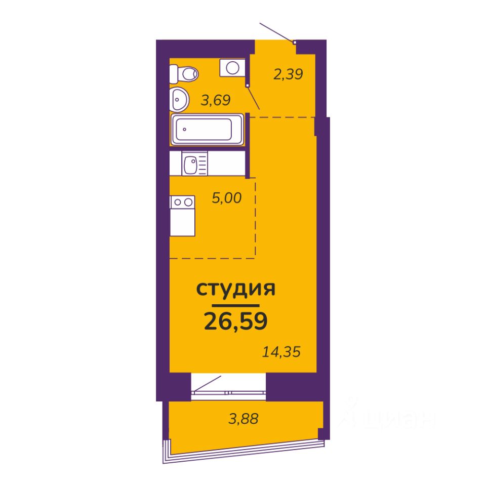 Студия, 26,6 м², 2/9 этаж