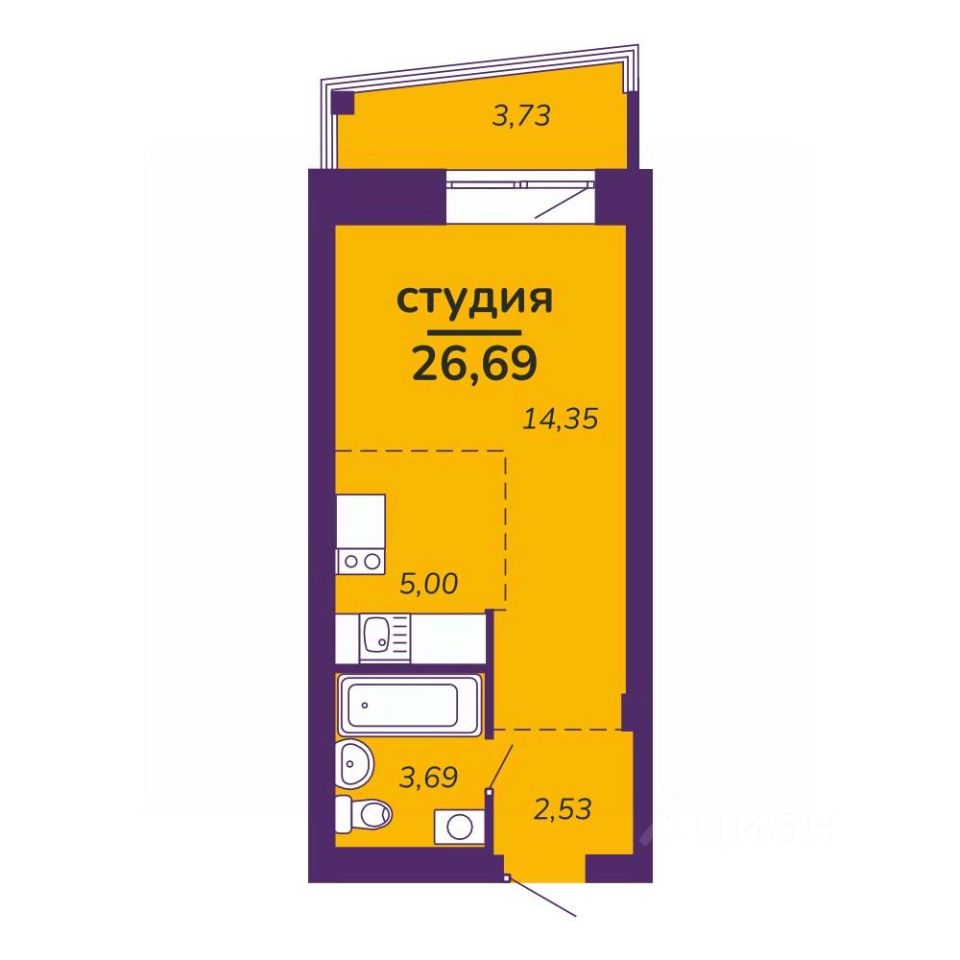 Студия, 26,7 м², 3/9 этаж