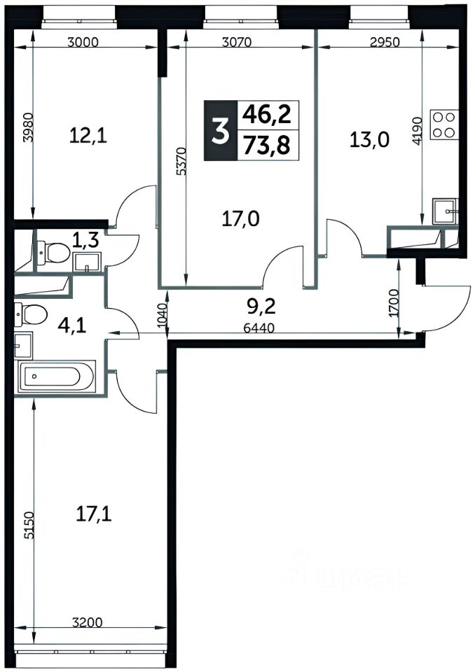 Планировка этой квартиры по данным Циан