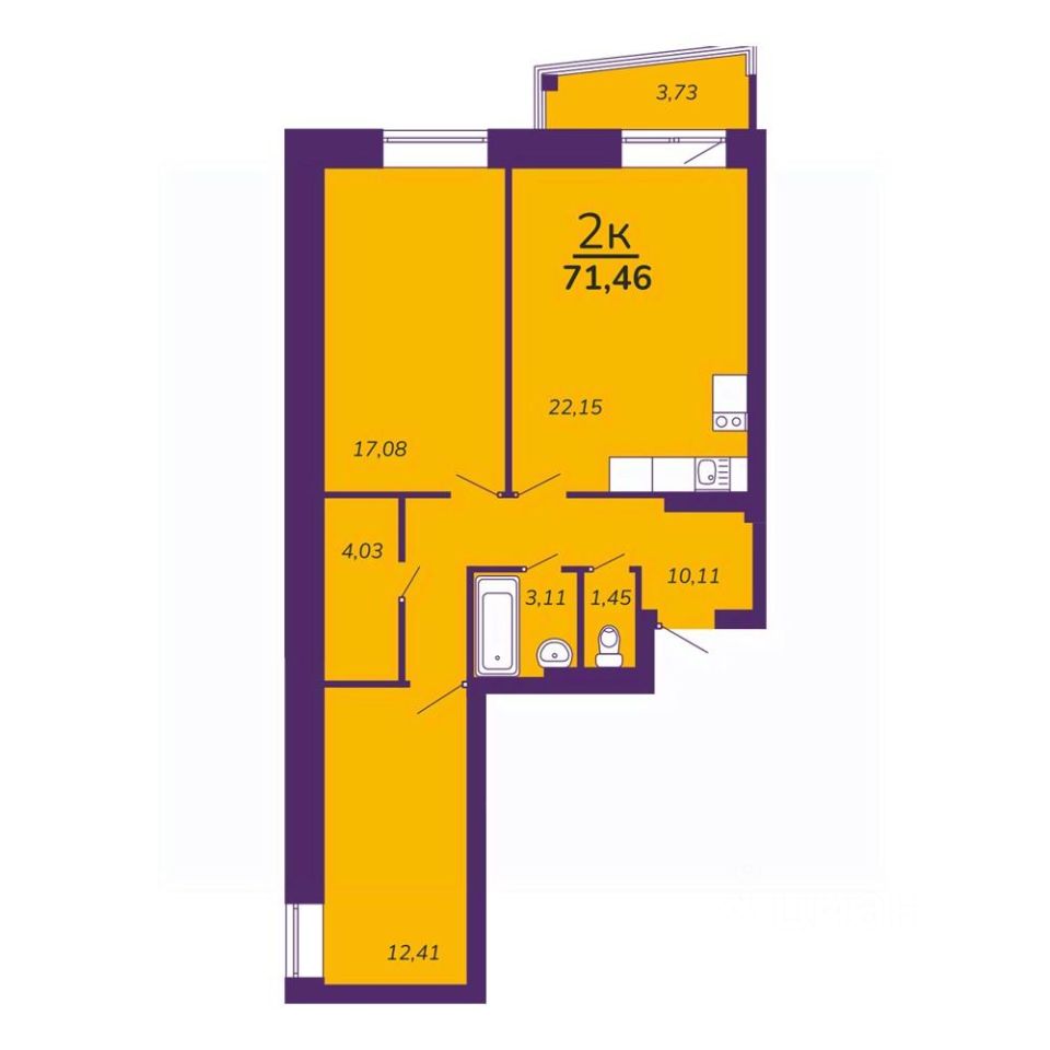 2-комн.кв., 71,5 м², 3/9 этаж