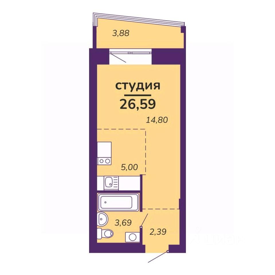Студия, 26,6 м², 7/9 этаж