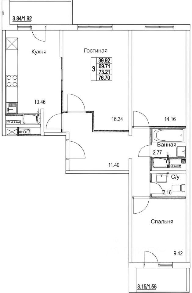 Планировка этой квартиры по данным Циан
