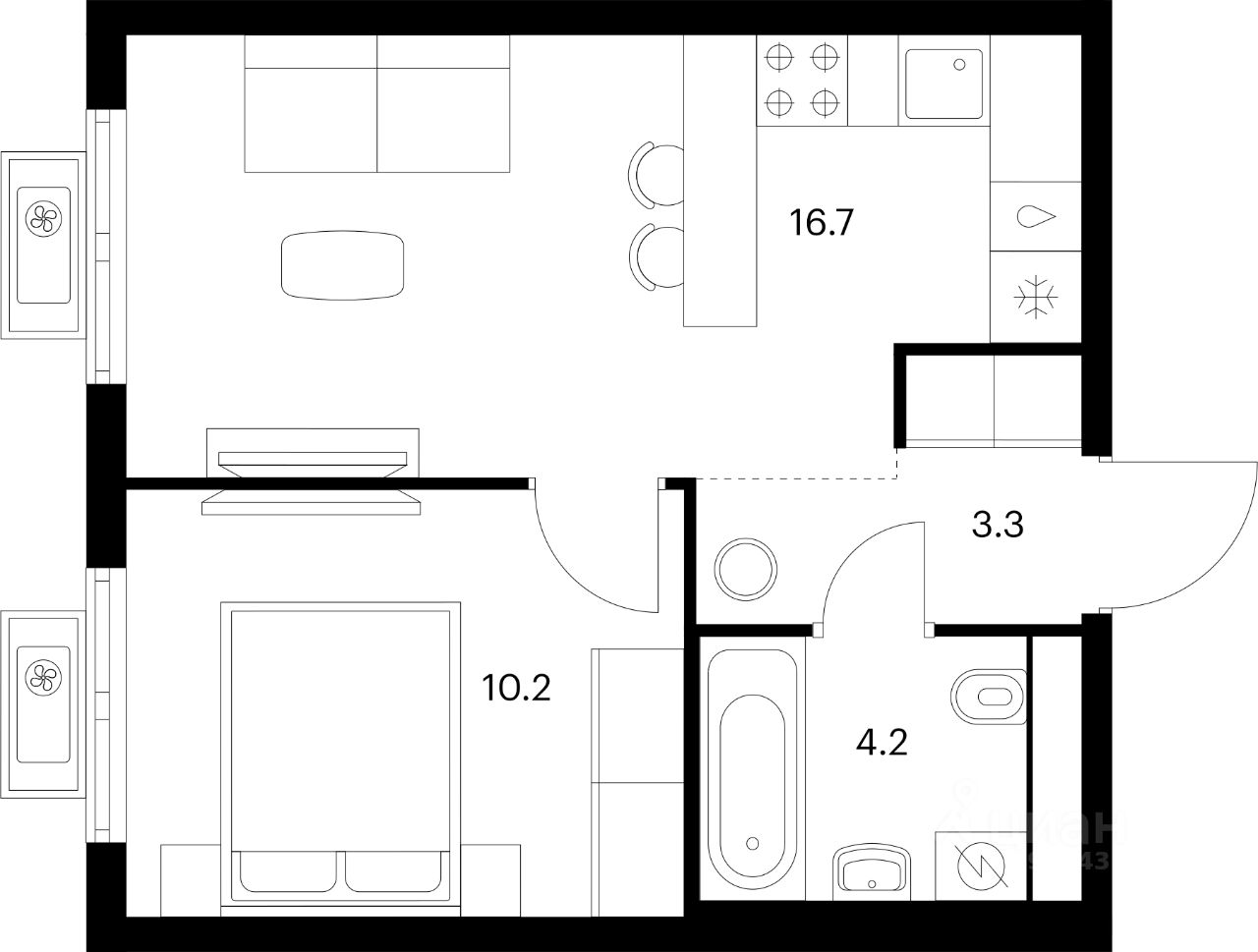 1-комн.кв., 34,4 м², 14/17 этаж