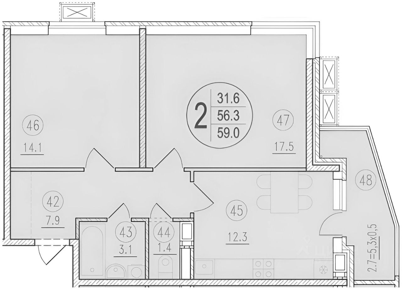 Планировка этой квартиры по данным Циан
