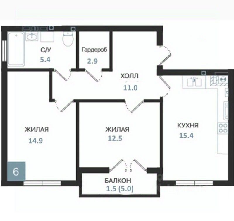 2-комн.кв., 63,6 м², 2/5 этаж