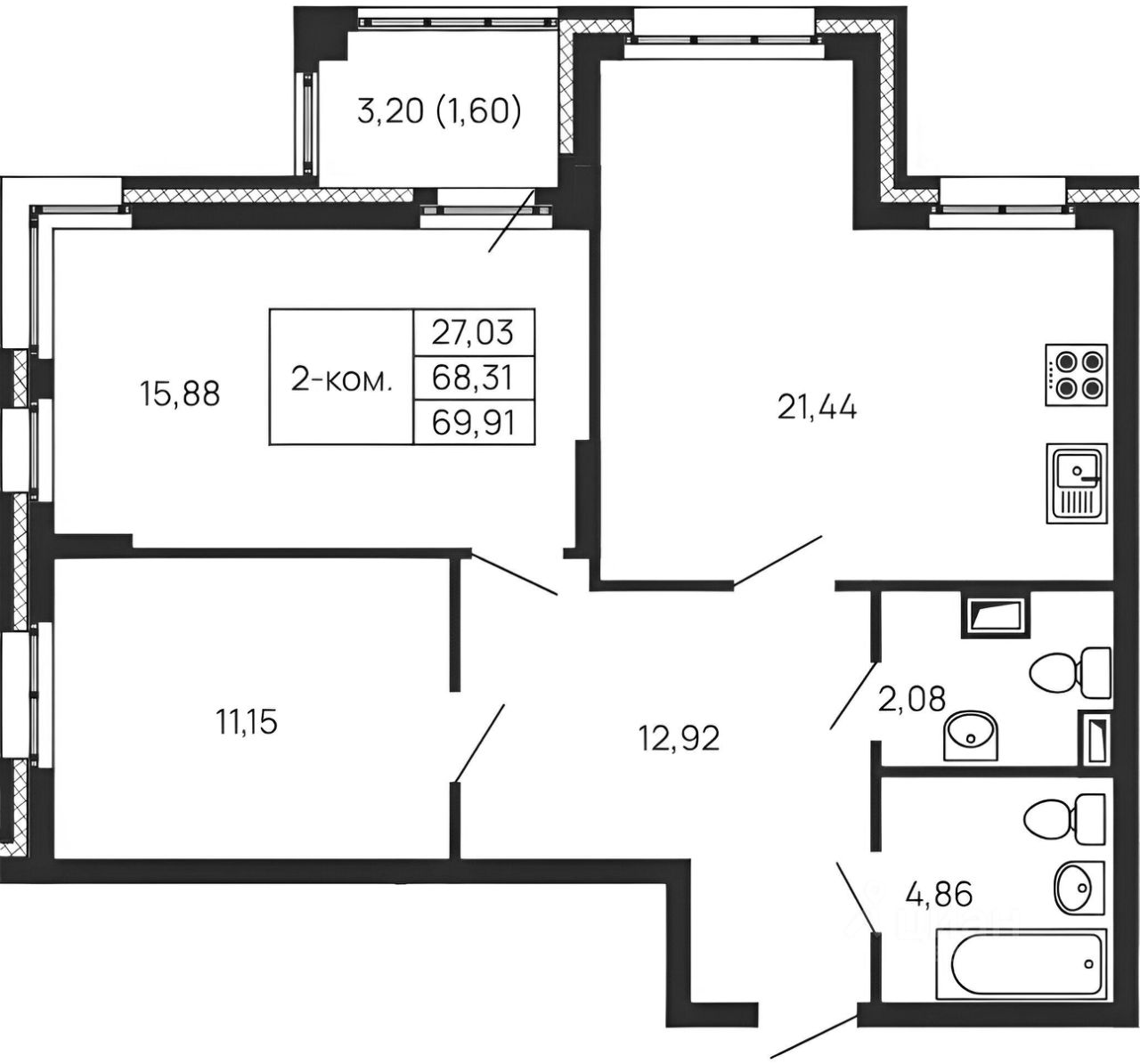 Планировка этой квартиры по данным Циан