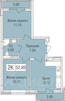 2-комн.кв., 52 м², этаж 2