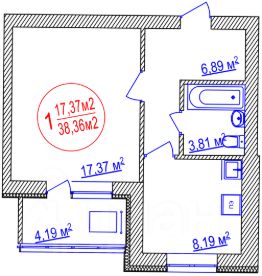 1-комн.кв., 43 м², этаж 2