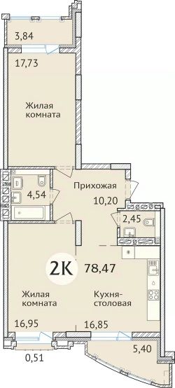 2-комн.кв., 78 м², этаж 22