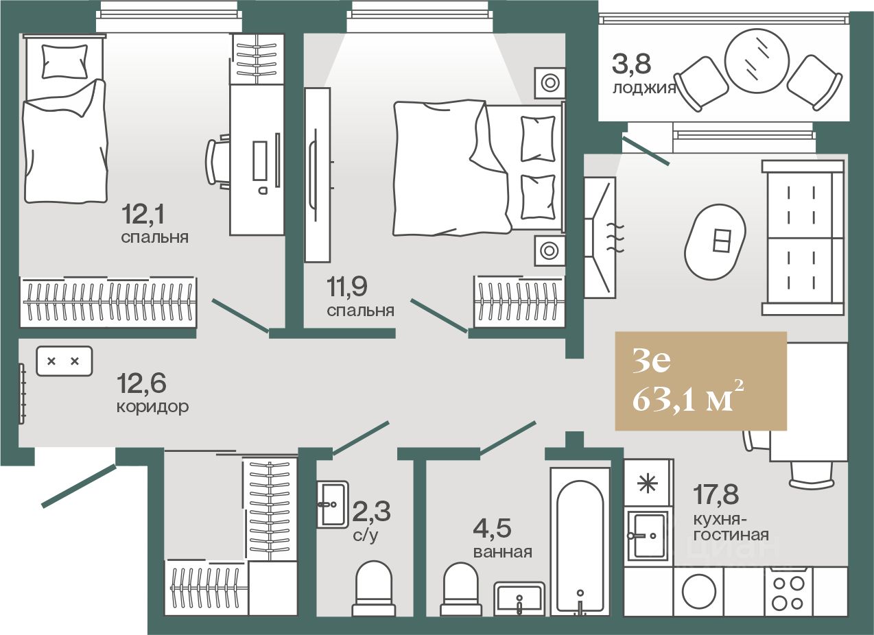 2-комн.кв., 63,2 м², 4/4 этаж