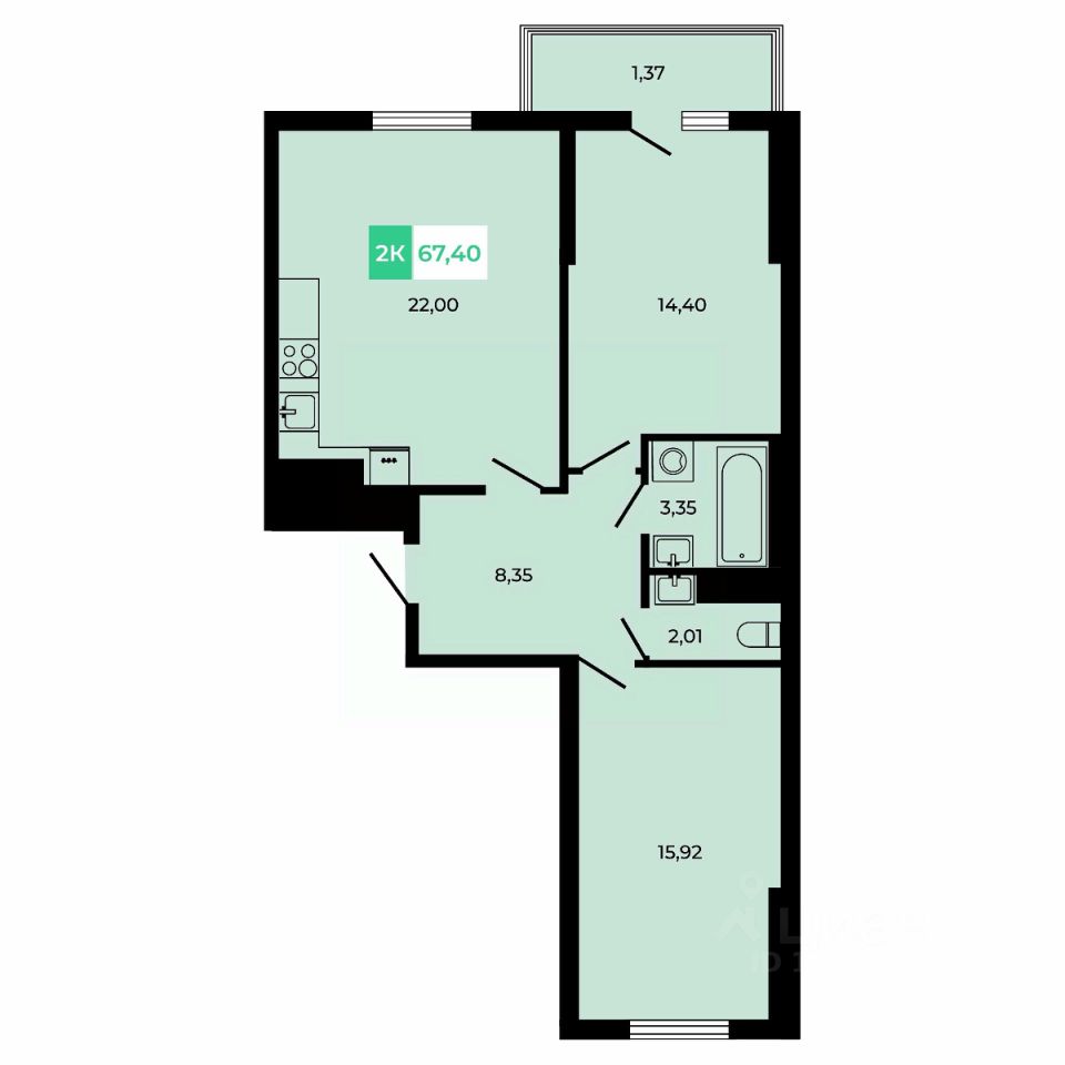 2-комн.кв., 67,4 м², 3/6 этаж