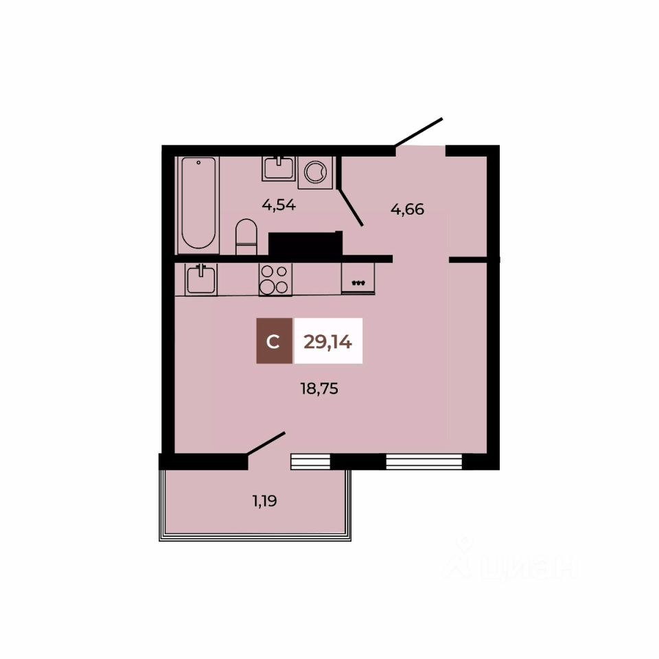 Студия, 29,1 м², 3/6 этаж