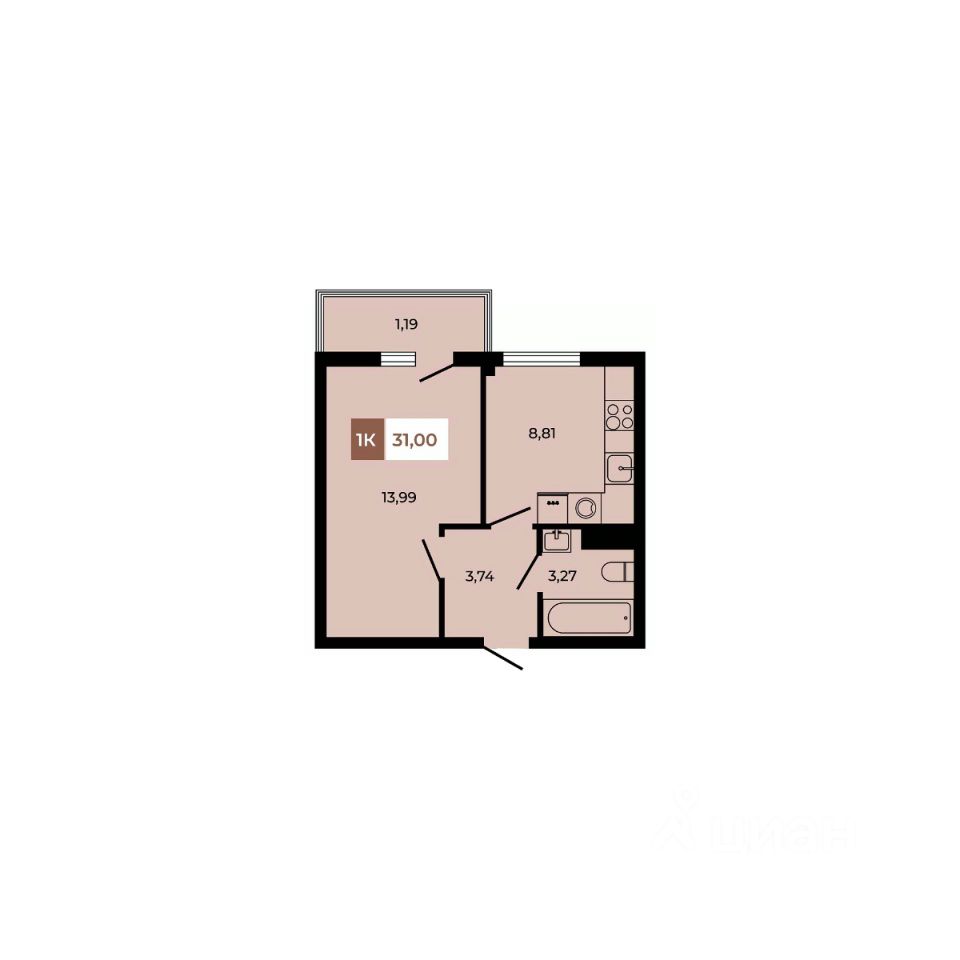 1-комн.кв., 31 м², 2/8 этаж