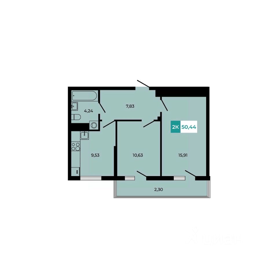 2-комн.кв., 50,4 м², 7/8 этаж