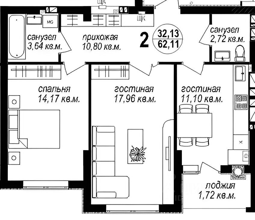 Планировка этой квартиры по данным Циан