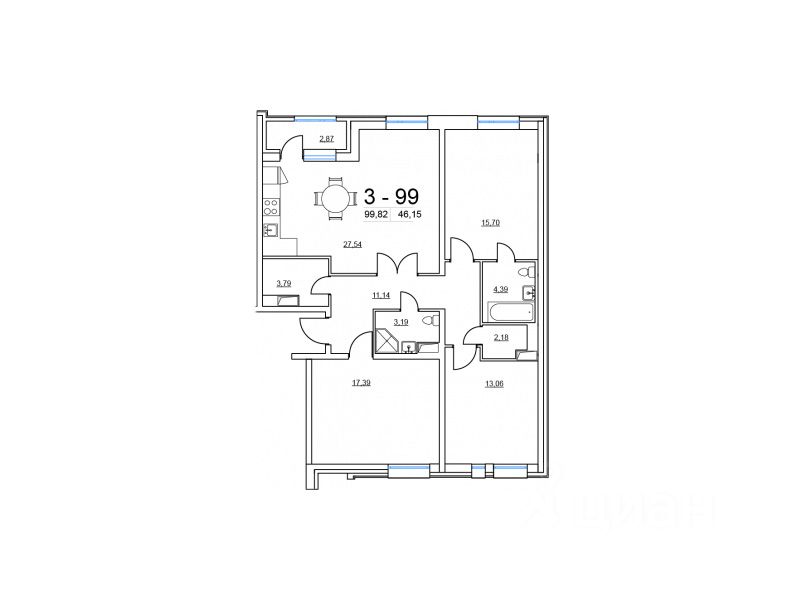 Планировка этой квартиры по данным Циан