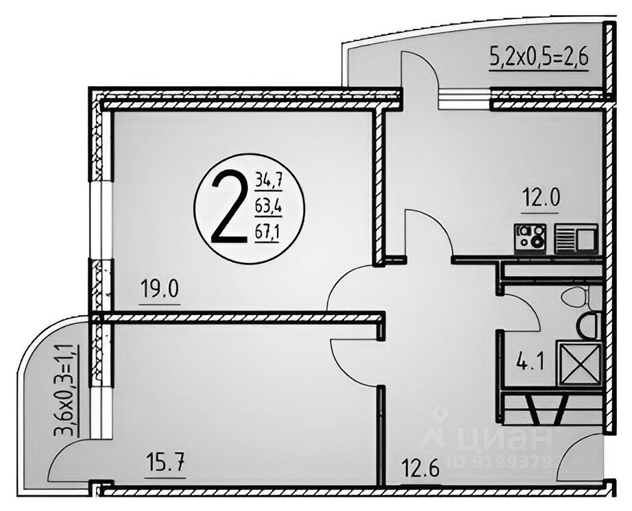 Планировка этой квартиры по данным Циан