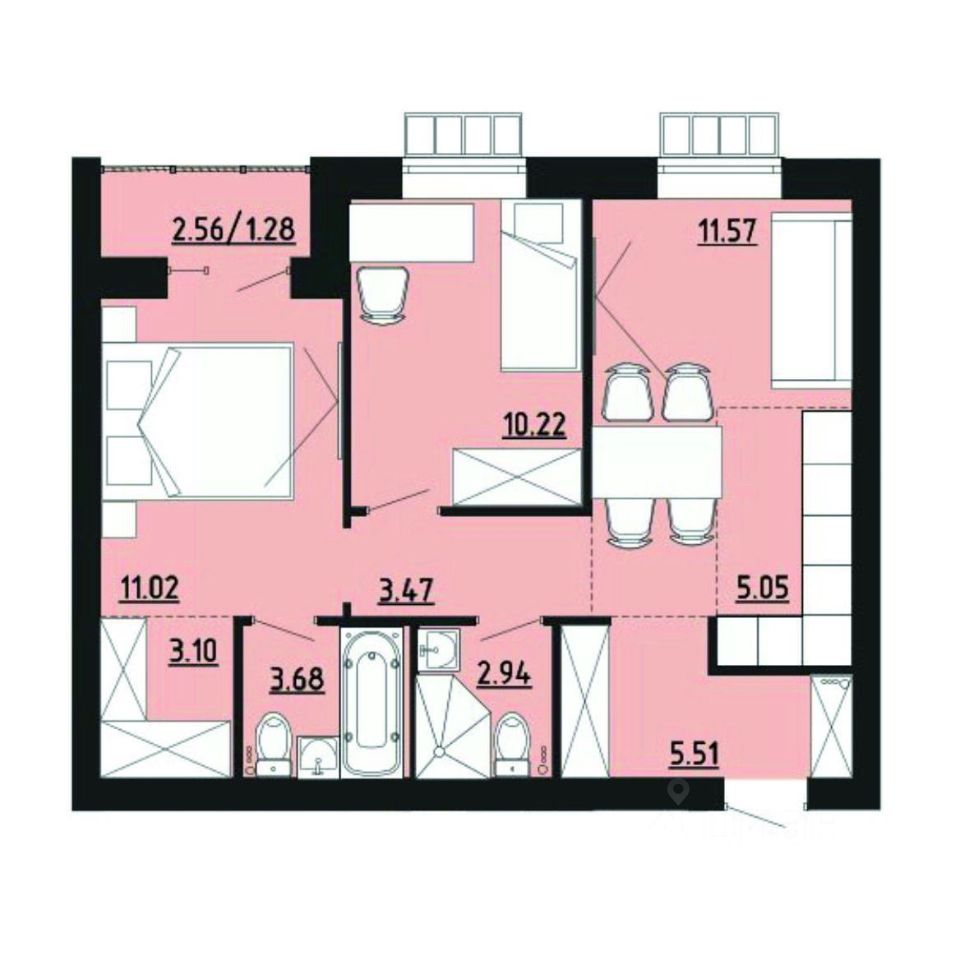 2-комн.кв., 57,8 м², 3/4 этаж