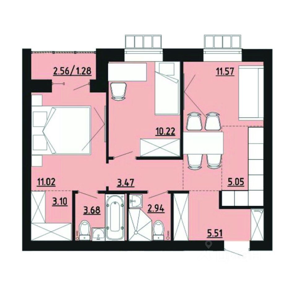2-комн.кв., 57,8 м², 4/4 этаж