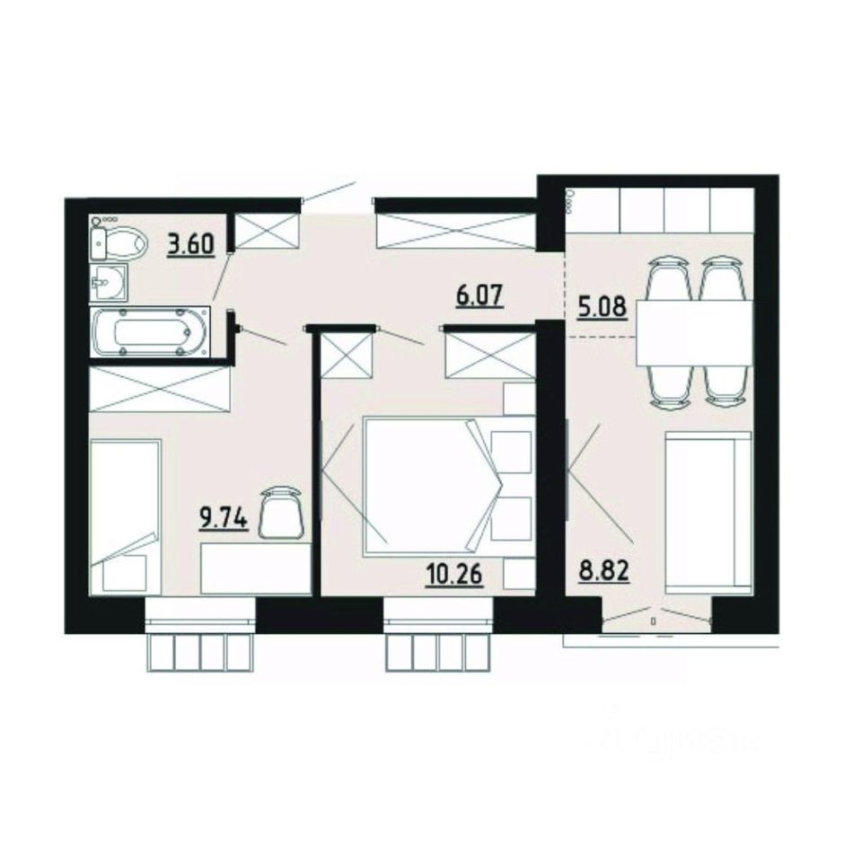 2-комн.кв., 43,6 м², 2/4 этаж