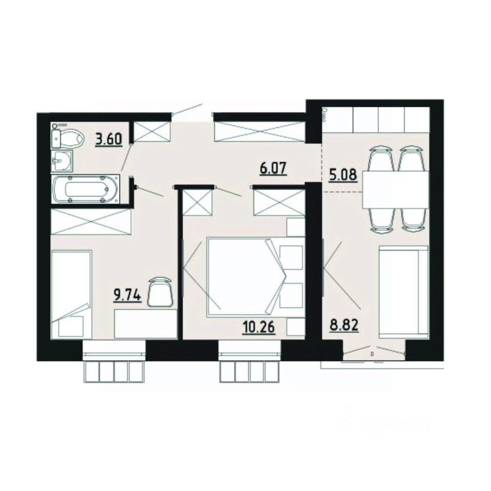 2-комн.кв., 43,6 м², 4/4 этаж