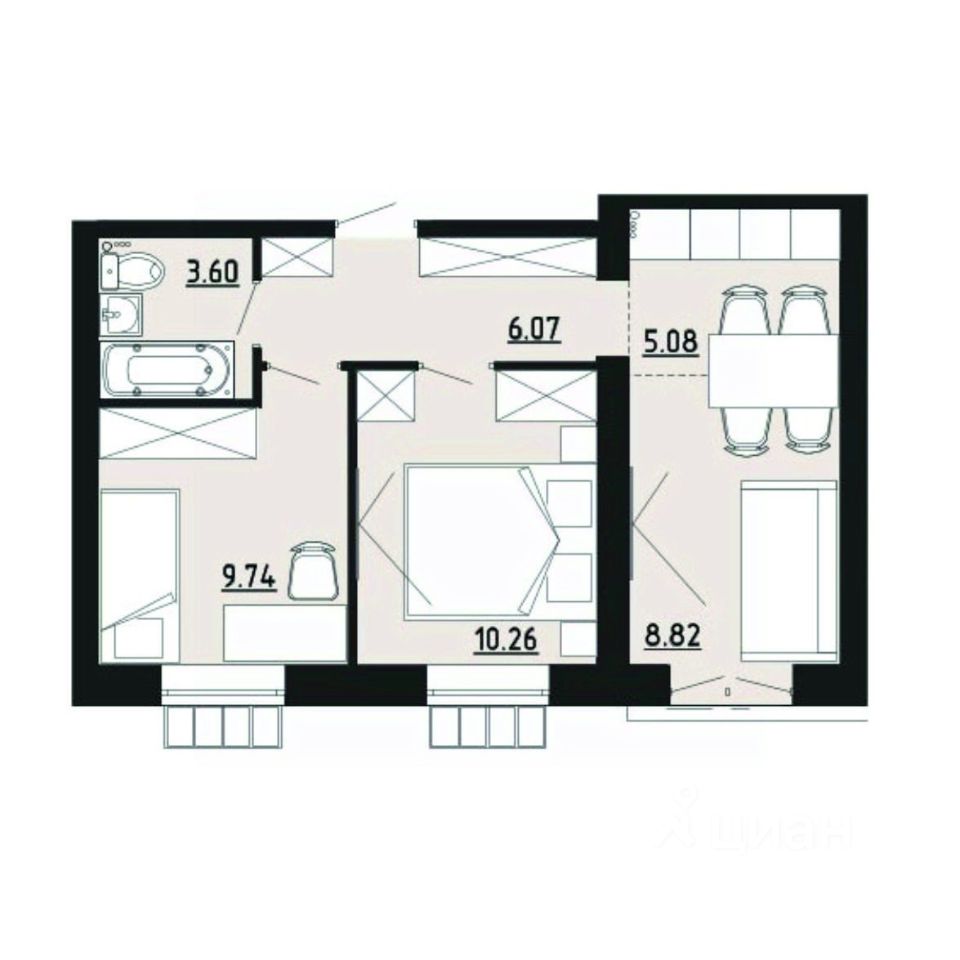 2-комн.кв., 43,6 м², 4/4 этаж