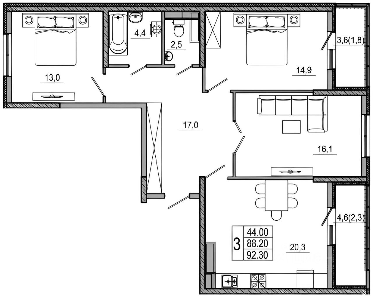 Планировка этой квартиры по данным Циан