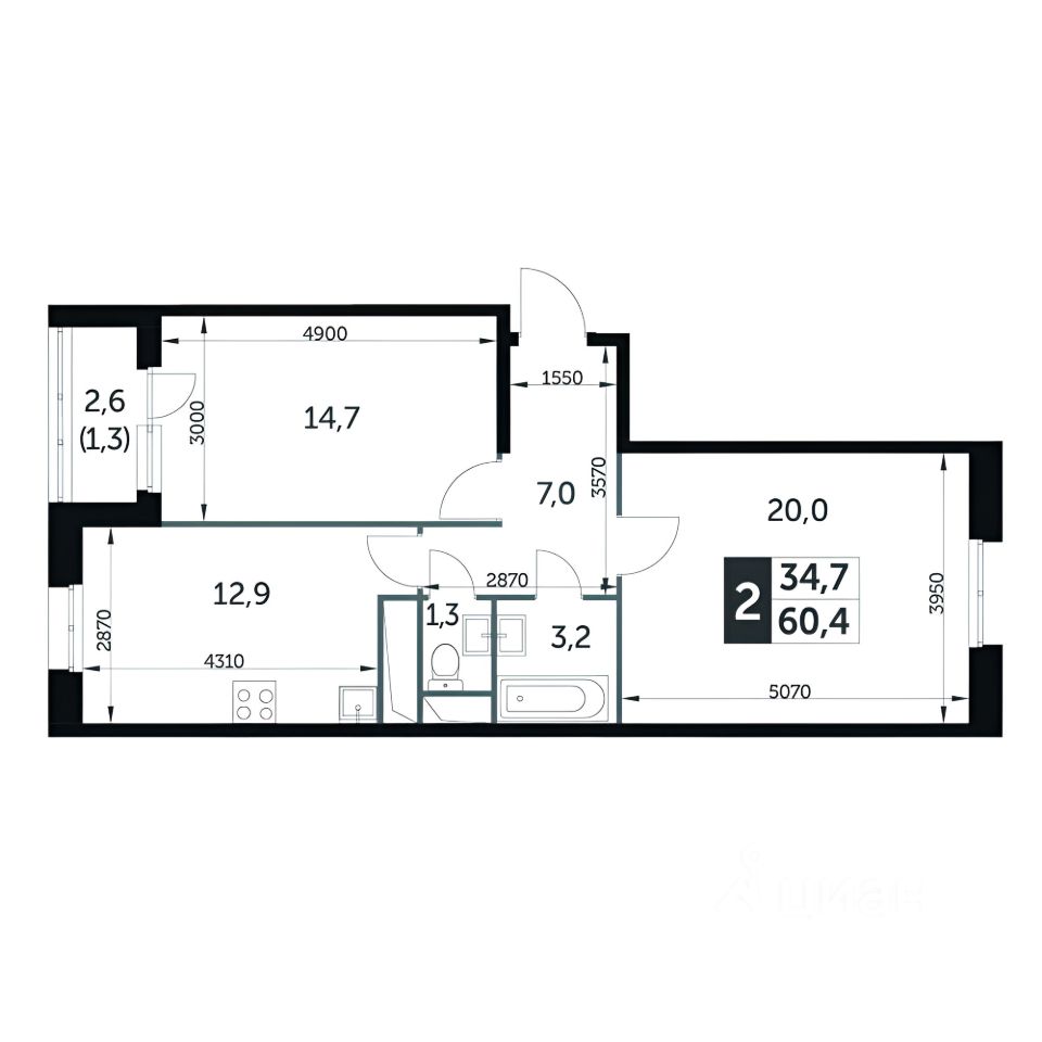 Планировка этой квартиры по данным Циан