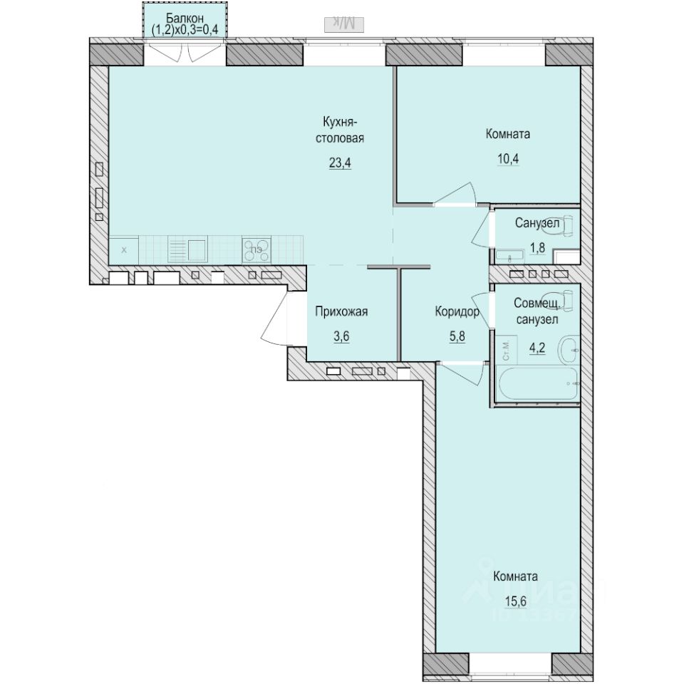 2-комн.кв., 65,2 м², 4/5 этаж