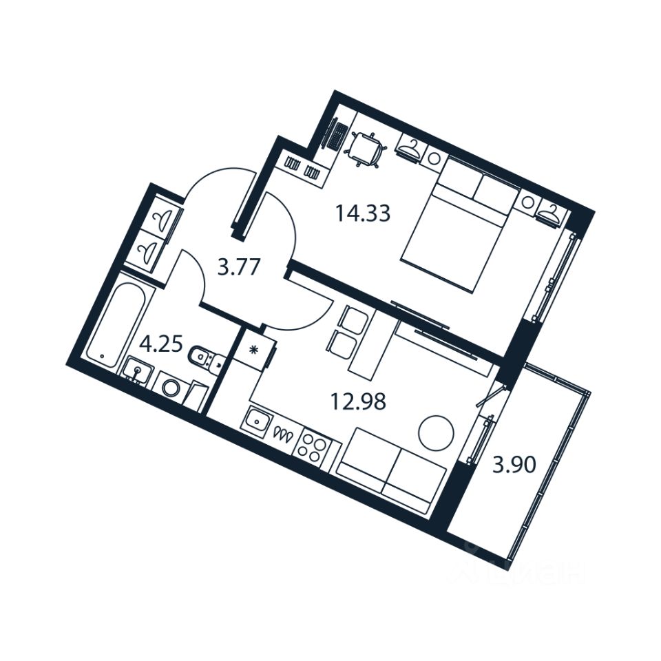 1-комн.кв., 34,6 м², 2/12 этаж