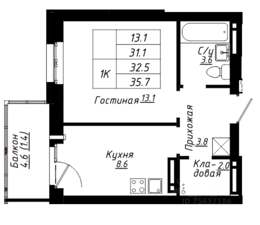 Планировка этой квартиры по данным Циан