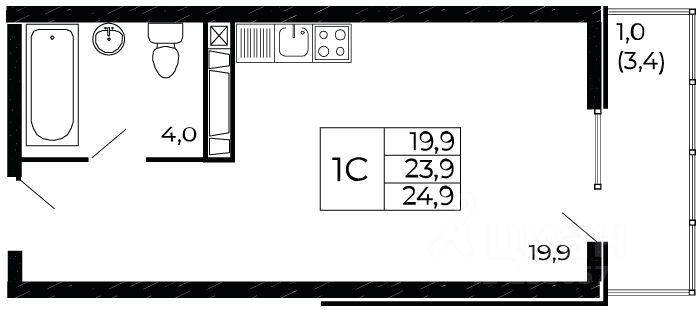 Студия, 24,9 м², 4/18 этаж