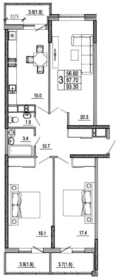 Планировка этой квартиры по данным Циан