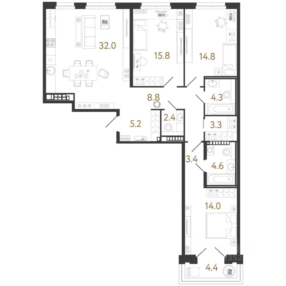 3-комн.кв., 108,6 м², 8/9 этаж