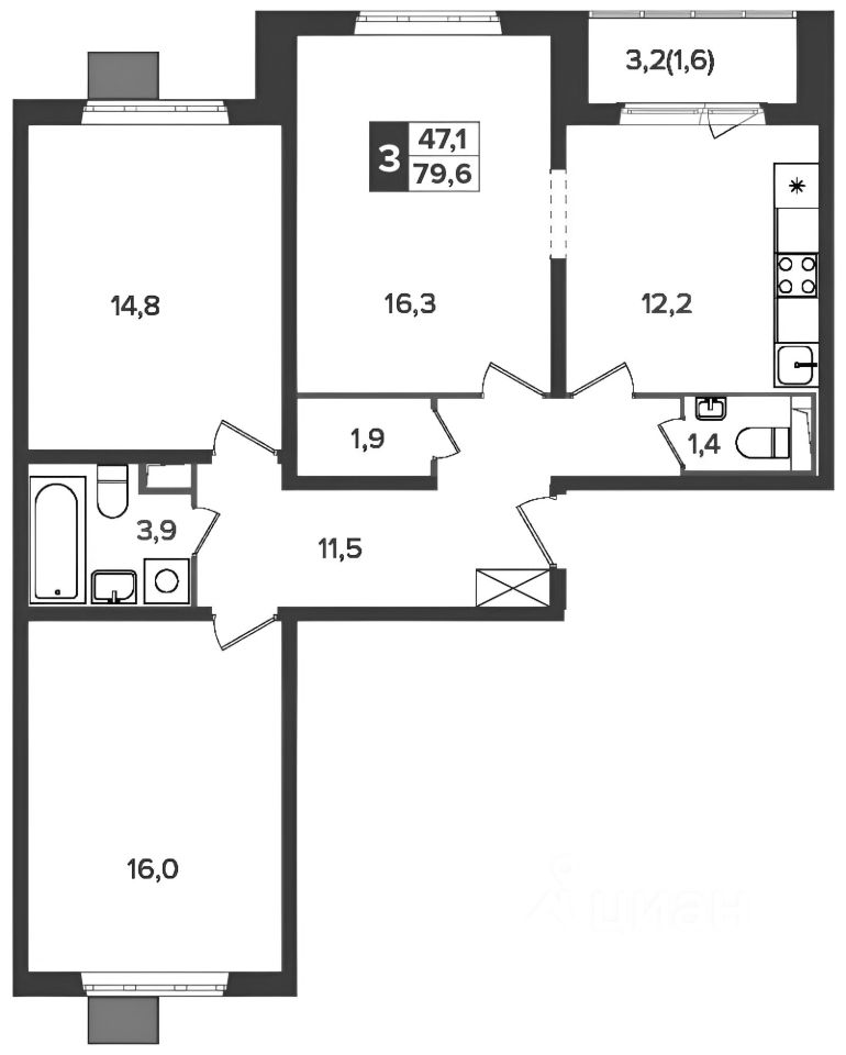 Планировка этой квартиры по данным Циан