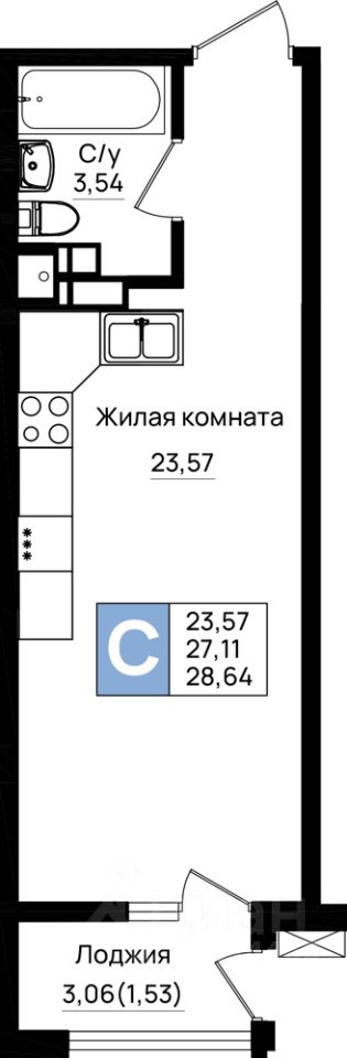 Студия, 28,6 м², 5/9 этаж
