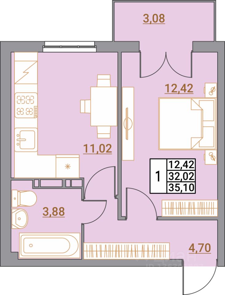 1-комн.кв., 35,1 м², 4/5 этаж