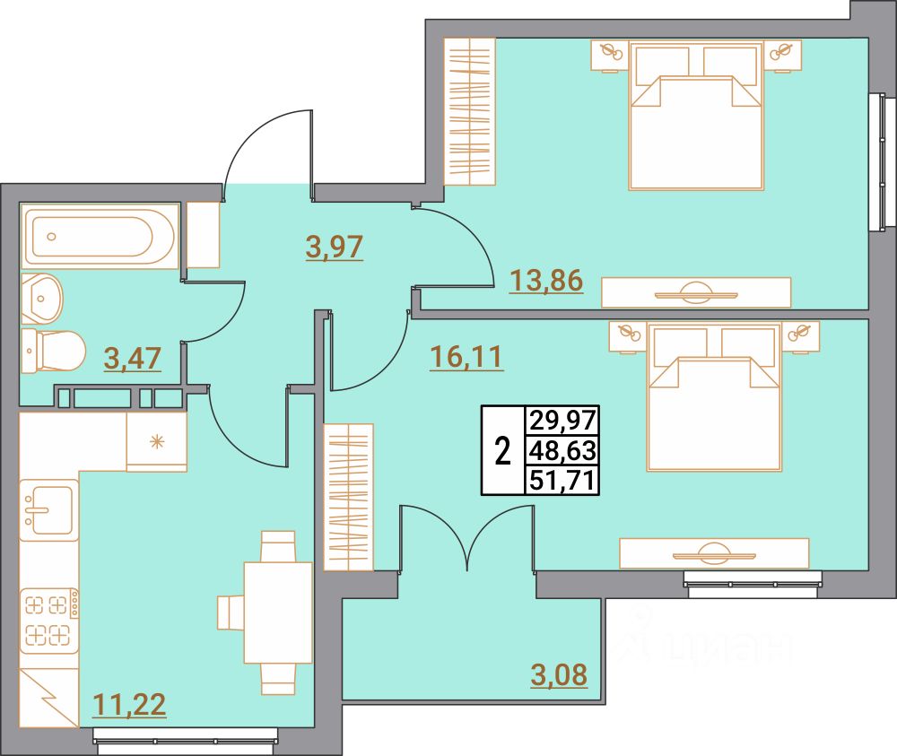 2-комн.кв., 51,7 м², 2/5 этаж