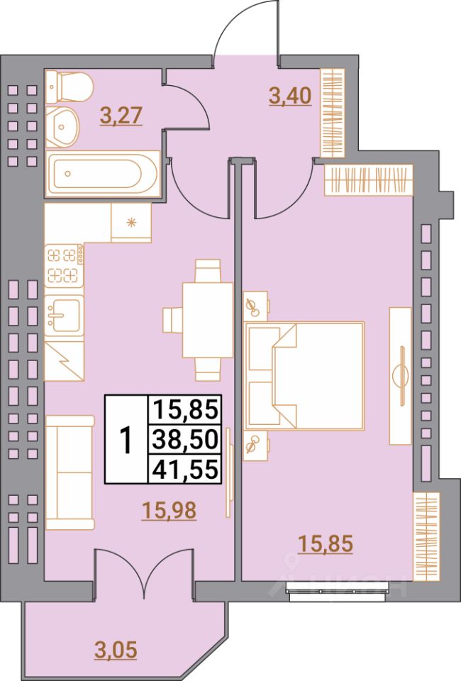 1-комн.кв., 41,3 м², 2/5 этаж