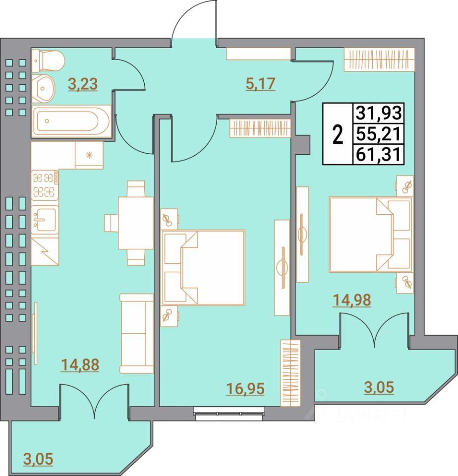 2-комн.кв., 60,7 м², 2/5 этаж