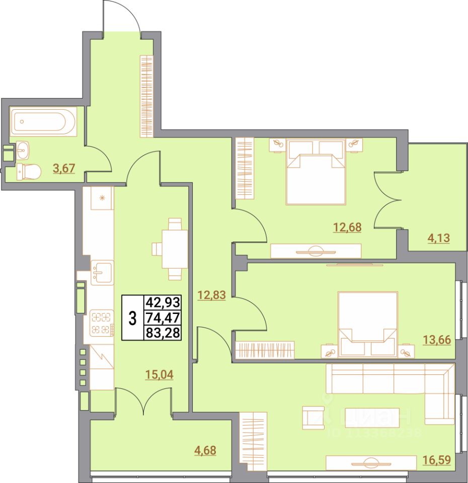 3-комн.кв., 83,3 м², 5/5 этаж