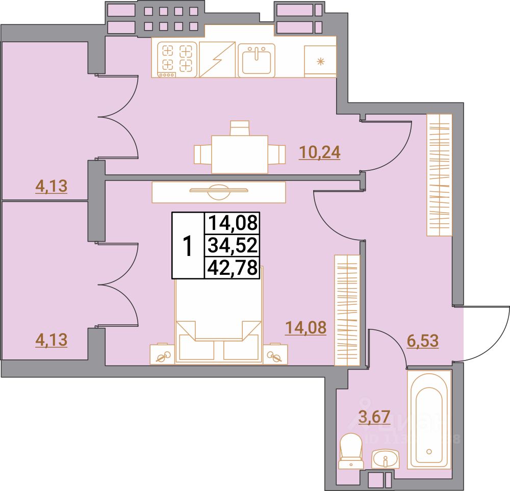 1-комн.кв., 42,8 м², 4/5 этаж