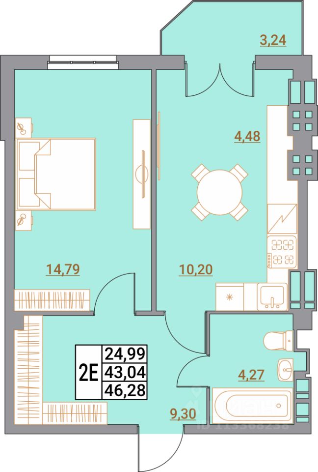 1-комн.кв., 46,5 м², 2/5 этаж