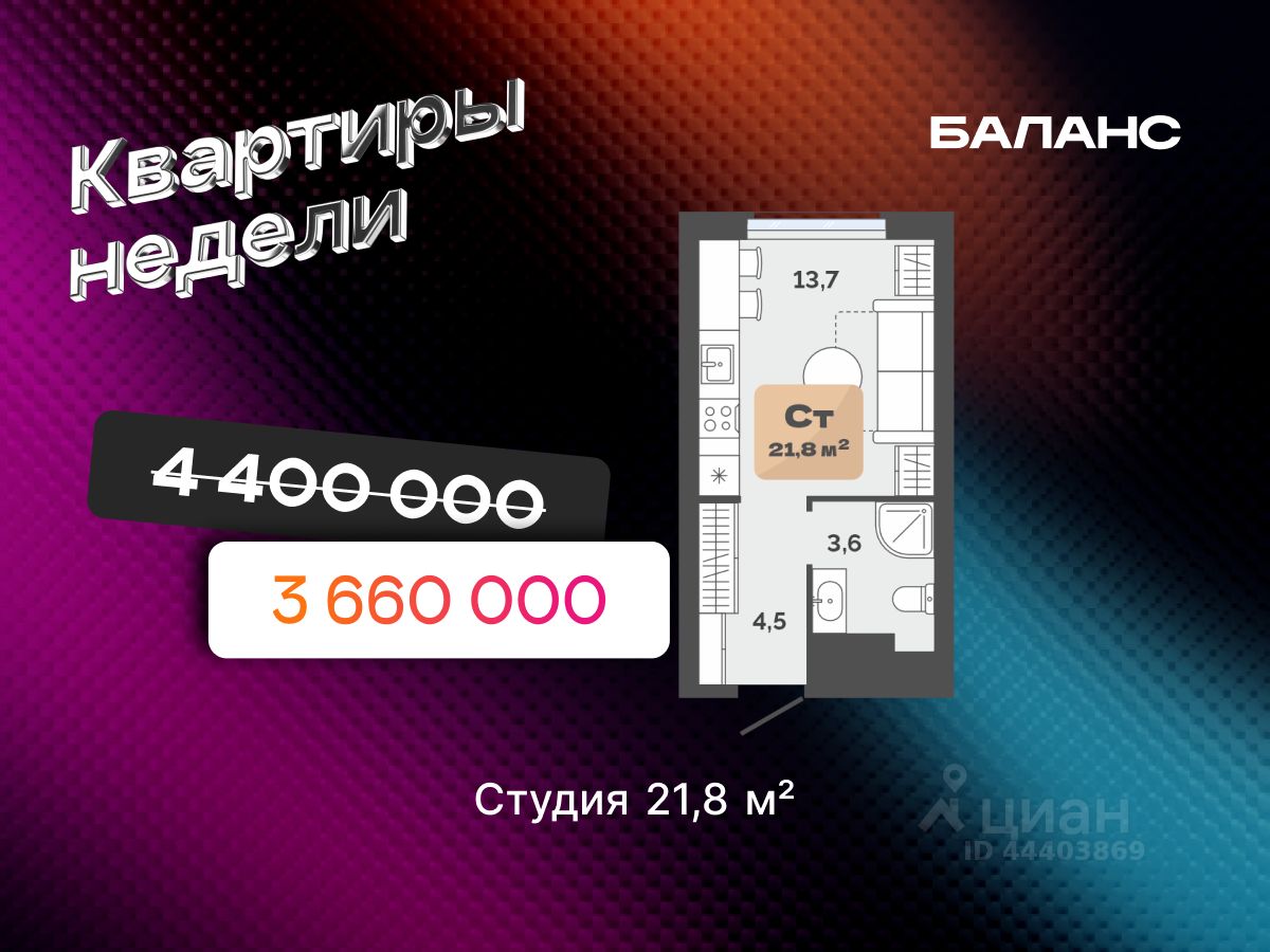 Студия, 21,8 м², 8/23 этаж
